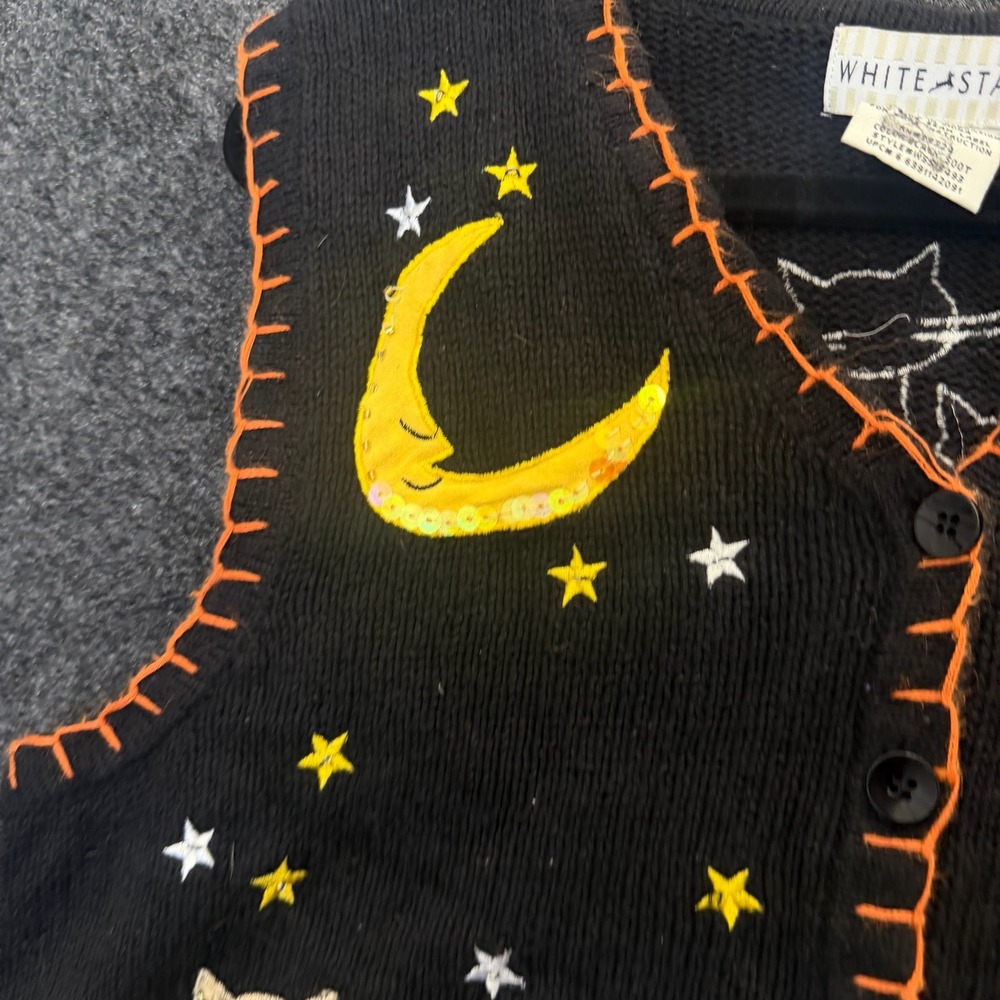 White Stag Vintage 90s Halloween Cat Pumpkin Moon Knit Sweater Vest Black Small - Picture 5 of 9